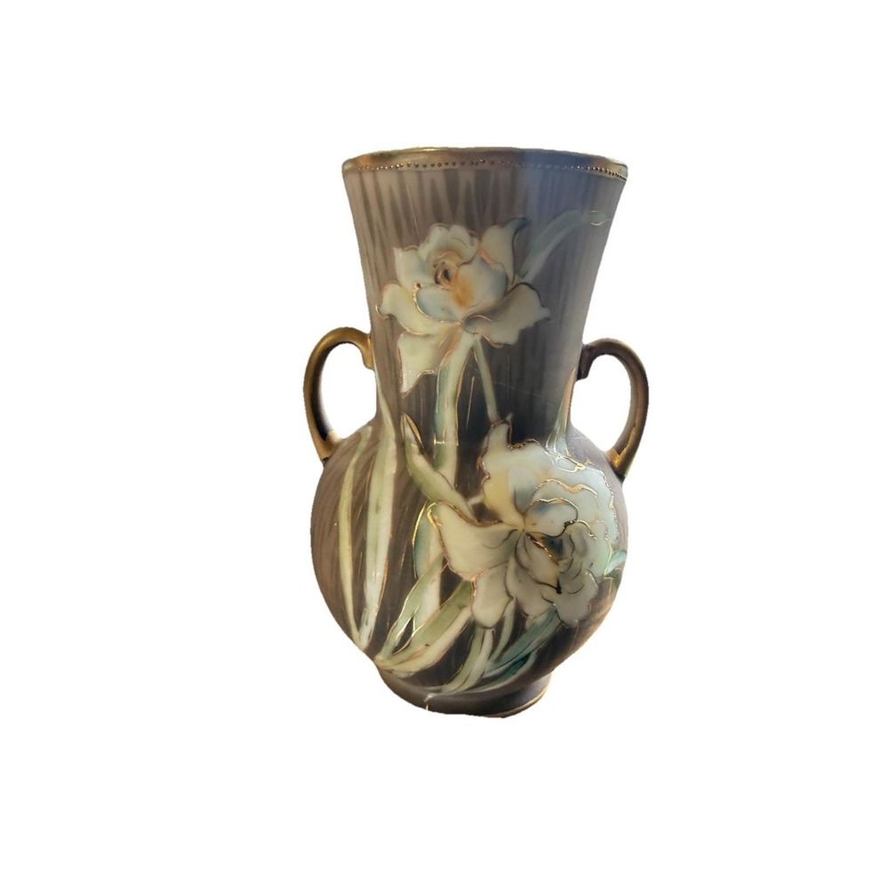 Antique Royal Nippon Hand-Painted Floral Vase with Handles & Gold Accents